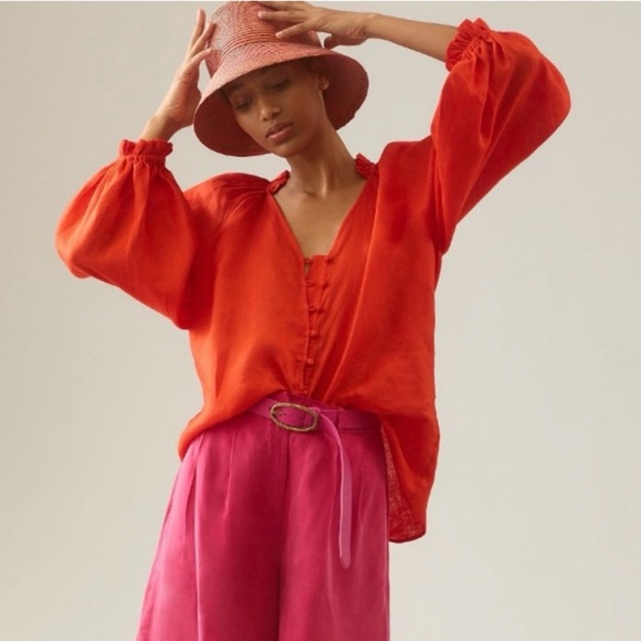 NWT! Anthropologie Maeve LINEN The Audie Puff-Sleeve Oversized Top Shirt M - Picture 3 of 15